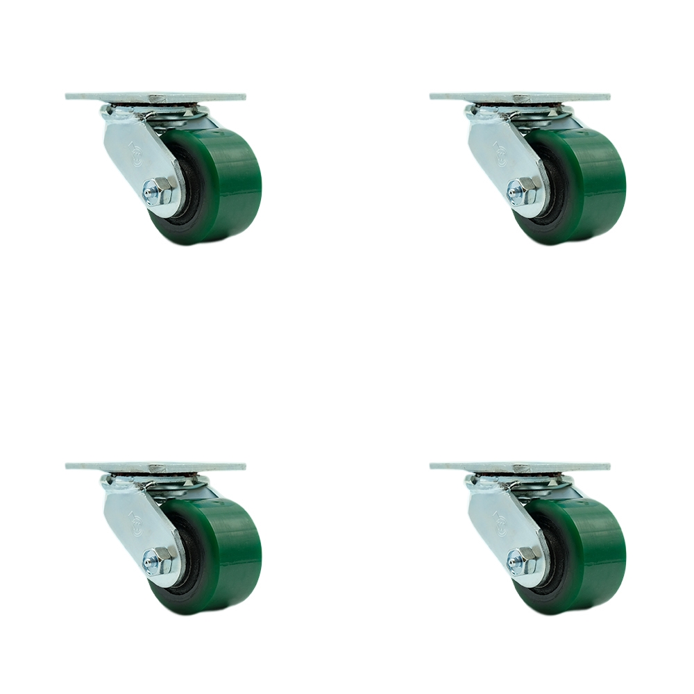 Heavy Duty Swivel Caster with 3.25 in. Green Polyurethane on Cast Iron Wheels & Ball Bearings - 2400 lbs Total Capacity - Set of 4