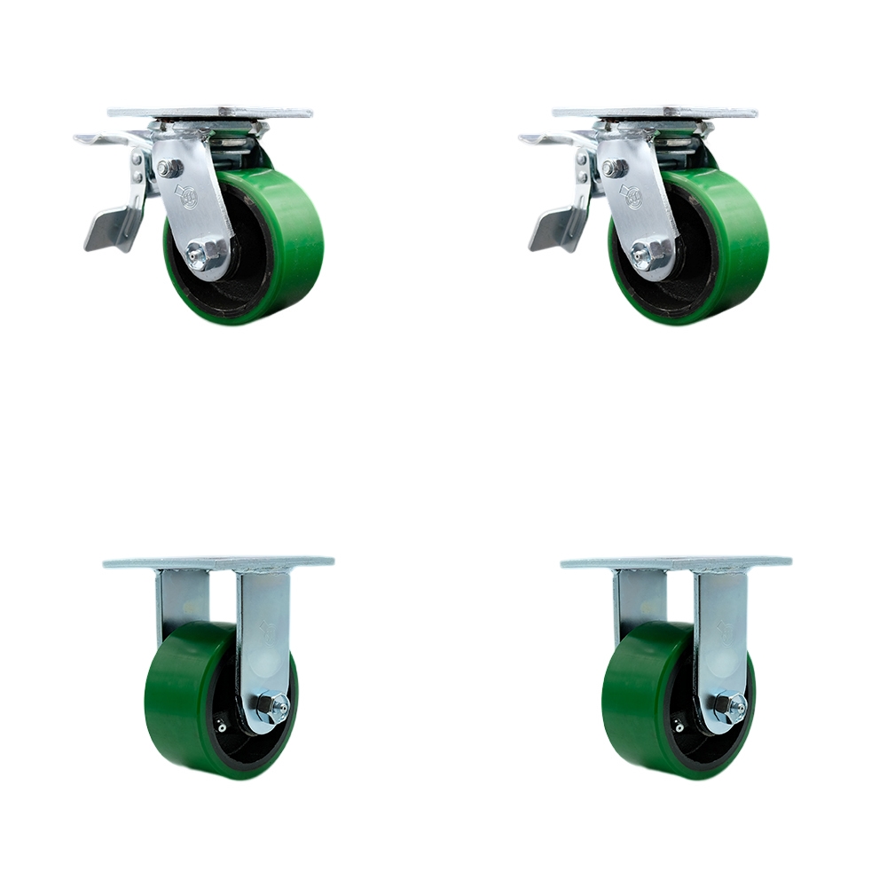 Heavy Duty Swivel Caster with 4 in. Green Polyurethane on Cast Iron Wheels & Ball Bearings - 2800 lbs Total Capacity - Set of 4