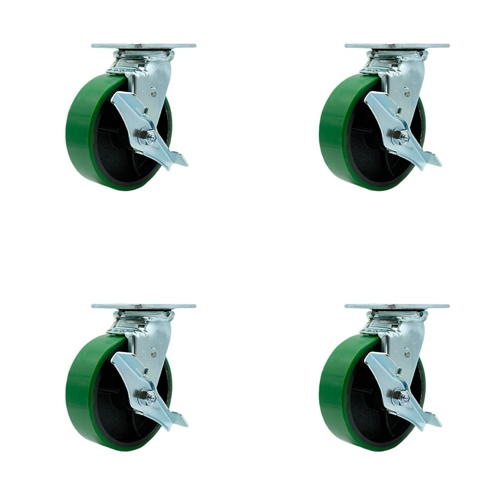 Heavy Duty Swivel Caster with 6 in. Green Polyurethane on Cast Iron Wheels & Ball Bearings - 4800 lbs Total Capacity - Set of 4