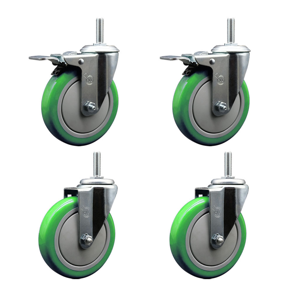 SCC-TSTTL20S514-PPUB-GRN-34212-2-S-2 Polyurethane Swivel Threaded Stem Caster with 5 x 1.25 in. Green Wheels & 0.75 in. Stems - Set of 4