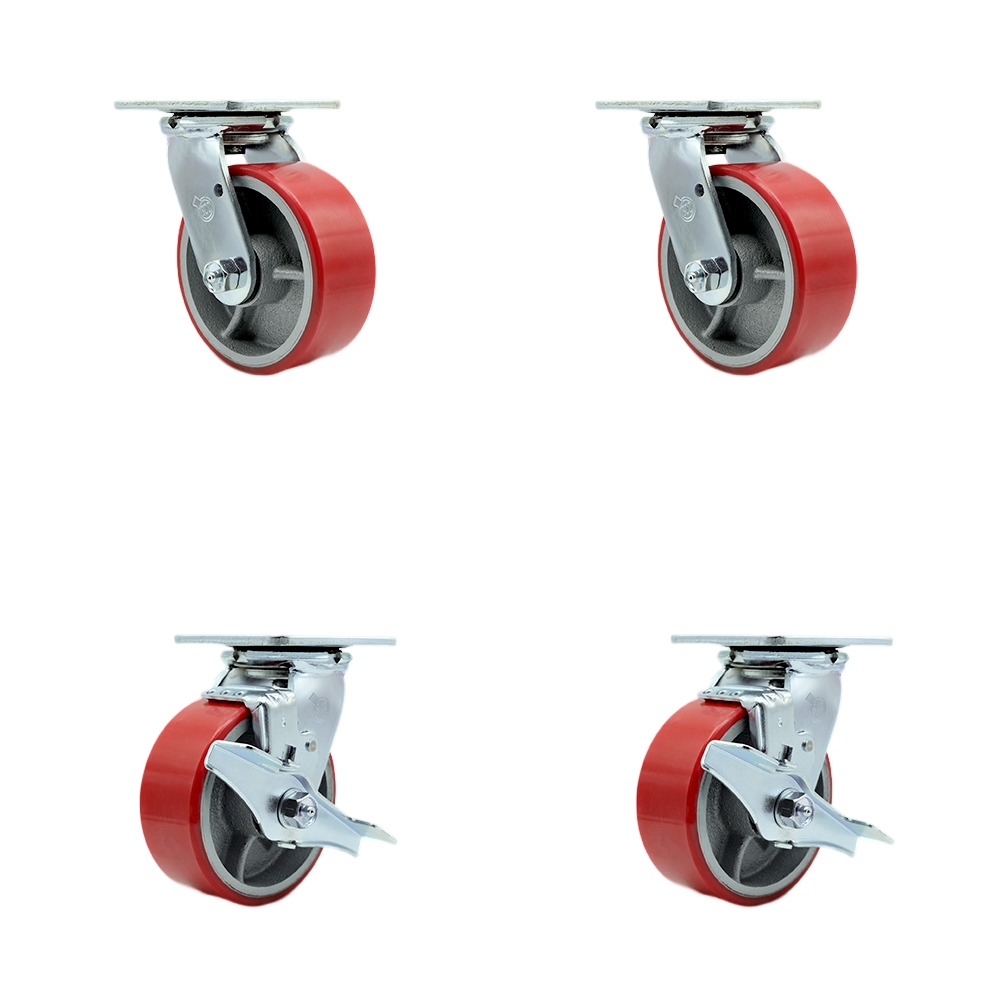 SCC-30CS520-PUB-RS-BSL-2-TLB-2 Heavy Duty Swivel Caster with 5 in. Red Polyurethane on Cast Iron Wheels & Ball Bearings - Set of 4