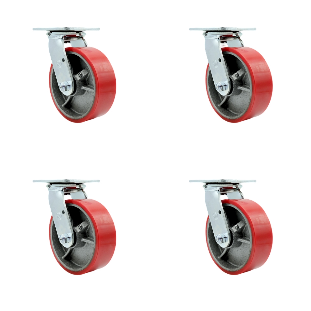 SCC-30CS620-PUB-RS-4 Heavy Duty Swivel Caster with 6 in. Red Polyurethane on Cast Iron Wheels & Ball Bearings - 4800 lbs Total Capacity - Set of 4