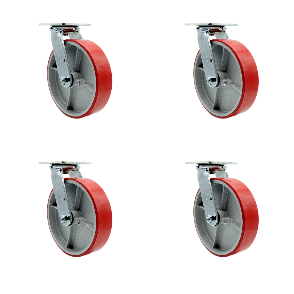 SCC-30CS820-PUB-RS-4 Heavy Duty Swivel Caster with 8 in. Red Polyurethane on Cast Iron Wheels & Ball Bearings - 5000 lbs Total Capacity - Set of 4