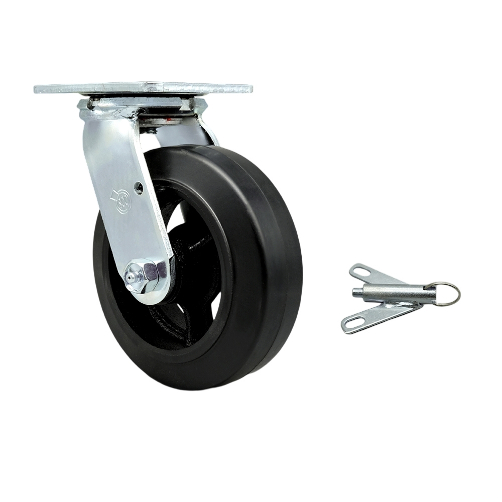 Heavy Duty Swivel Top Plate Caster with Bolt on Swivel Lock & 6 in. Rubber on Metal Wheel with Ball Bearings - 450 lbs Capacity per Caster