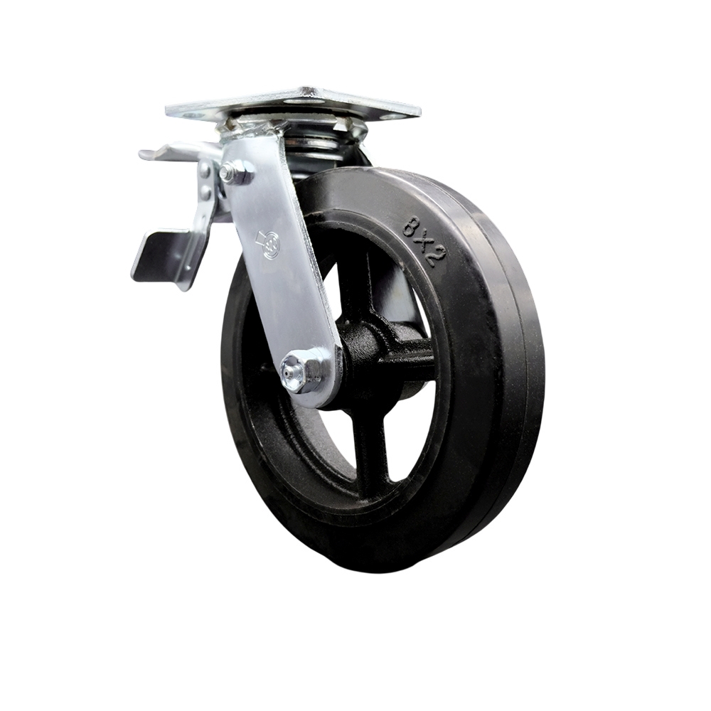 Heavy Duty Swivel Top Plate Caster with Total Lock Brake & 8 in. Rubber on Metal Wheel with Ball Bearings - 500 lbs Capacity per Caster