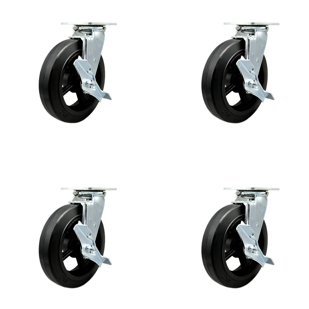 SCC-30CS820-RSB-TLB-BSL-4 Heavy Duty Swivel Caster with 8 in. Rubber on Metal Wheels & Ball Bearings - Set of 4