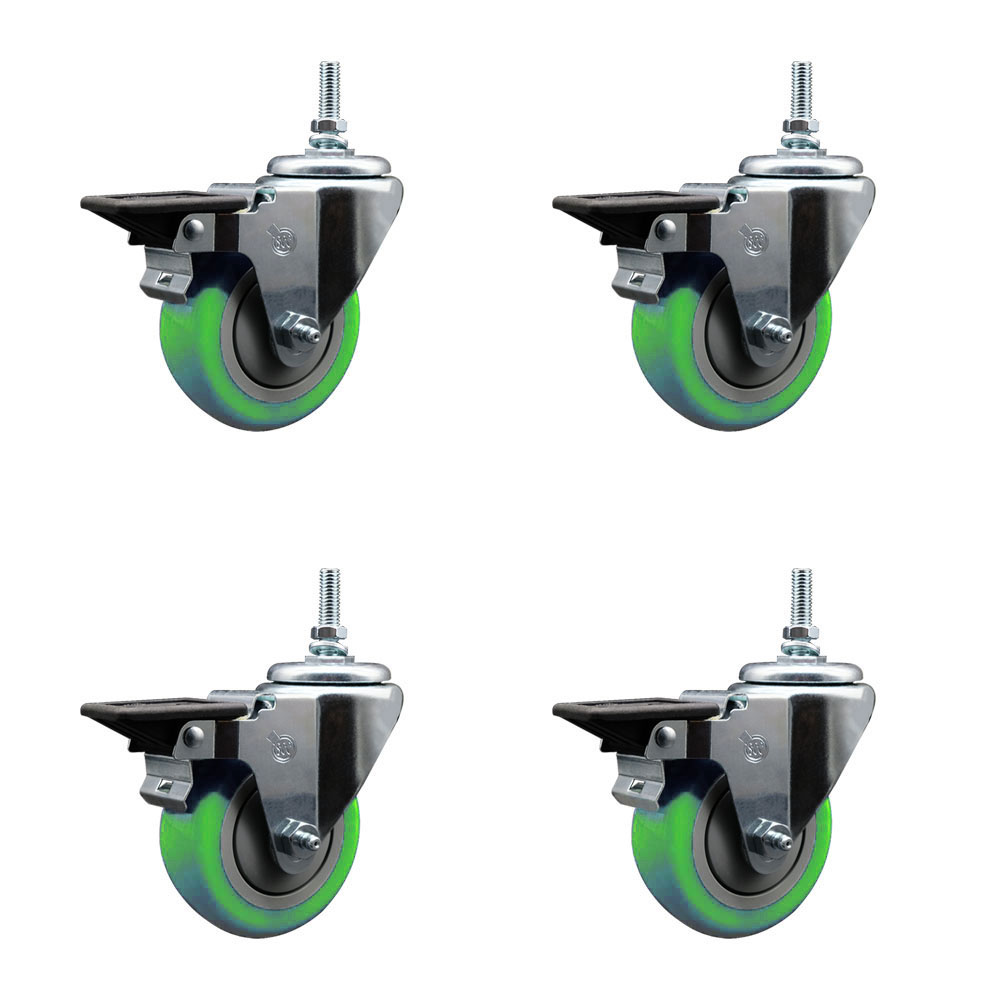 SCC-TS20S3514-PPUB-GRN-PLB-381615-4 Polyurethane Swivel Threaded Stem Caster with 3.5 x 1.25 in. Green Wheels & 0.38 in. Stems - Set of 4