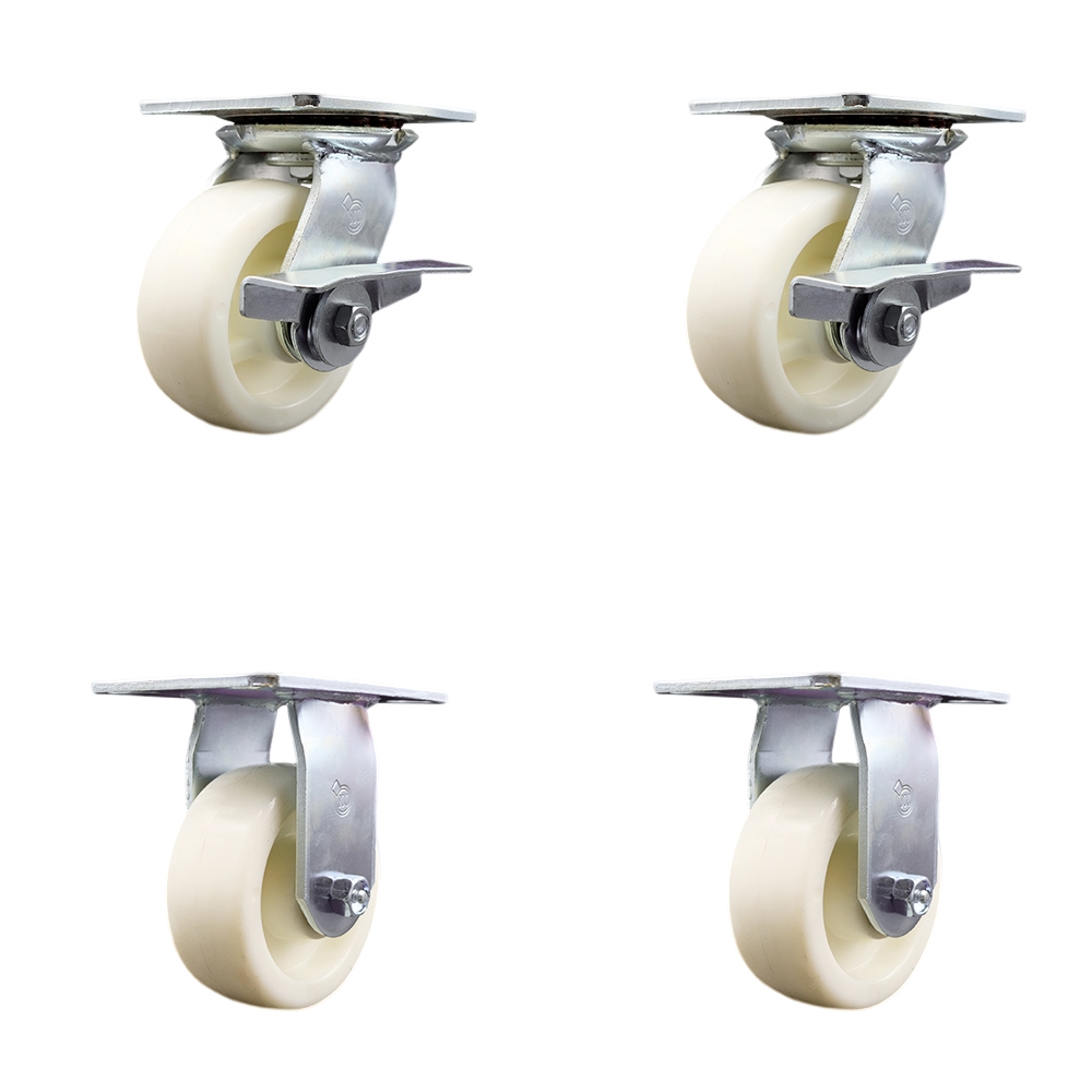 Heavy Duty Large Top Plate Nylon Swivel Caster with Maintenance Free Bearings with 5 x 2 in. White Wheels - 3600 lbs Total Capacity - Set of 4