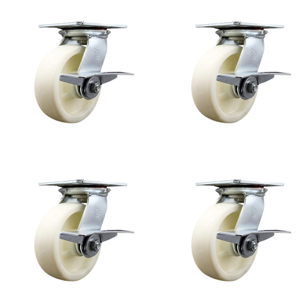 Heavy Duty Large Top Plate Nylon Swivel Caster with Maintenance Free Bearings with 6 x 2 in. White Wheels - 5000 lbs Total Capacity - Set of 4