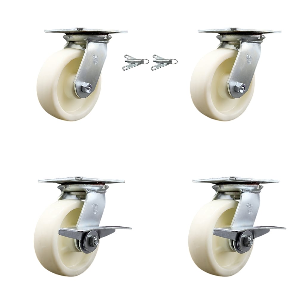 Heavy Duty Large Top Plate Nylon Swivel Caster with Maintenance Free Bearings with 6 x 2 in. White Wheels - 5000 lbs Capacity - Set of 4