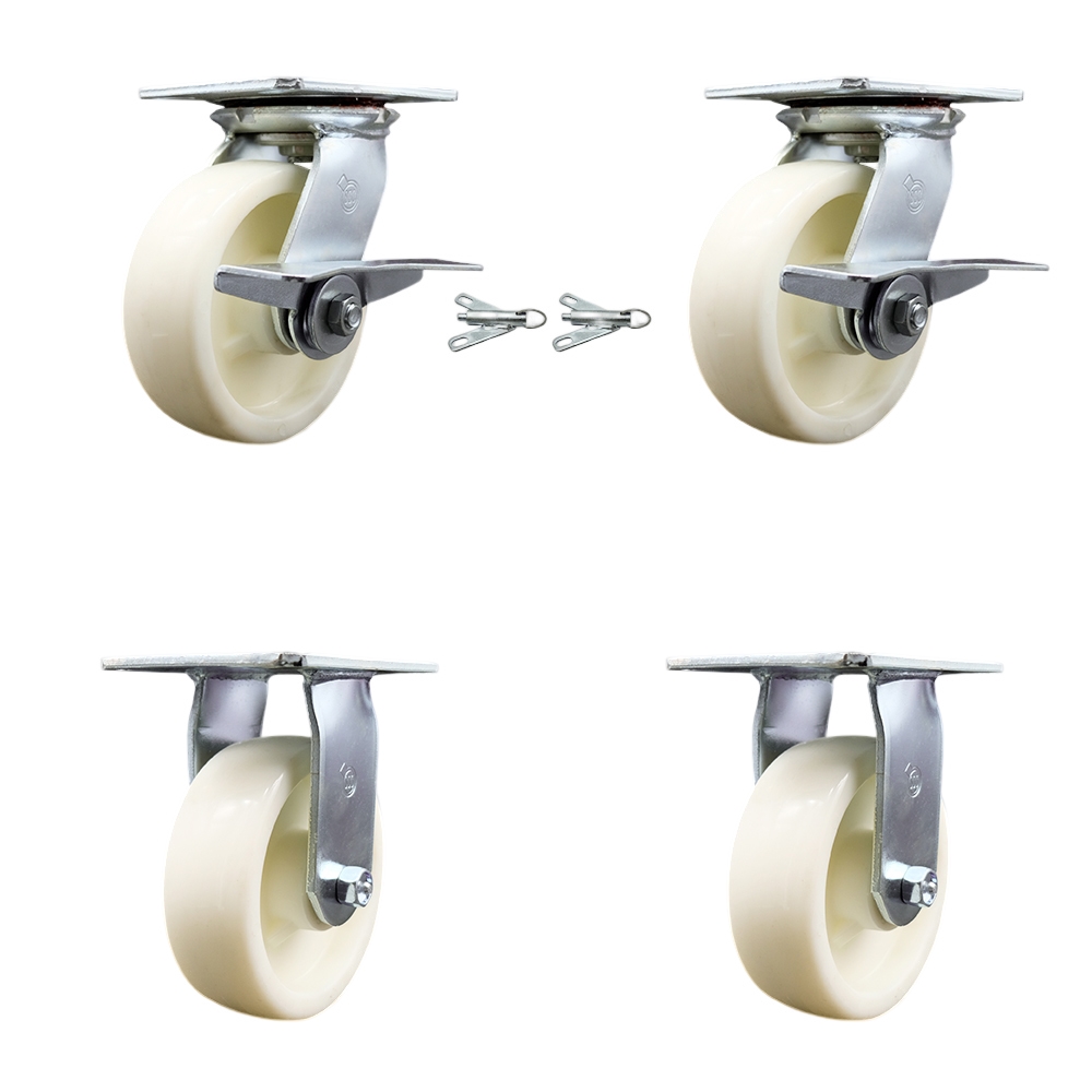 Heavy Duty Large Top Plate Nylon Swivel Caster with Maintenance Free Bearings with 6 x 2 in. White Wheels - 5000 lbs Capacity - Set of 4