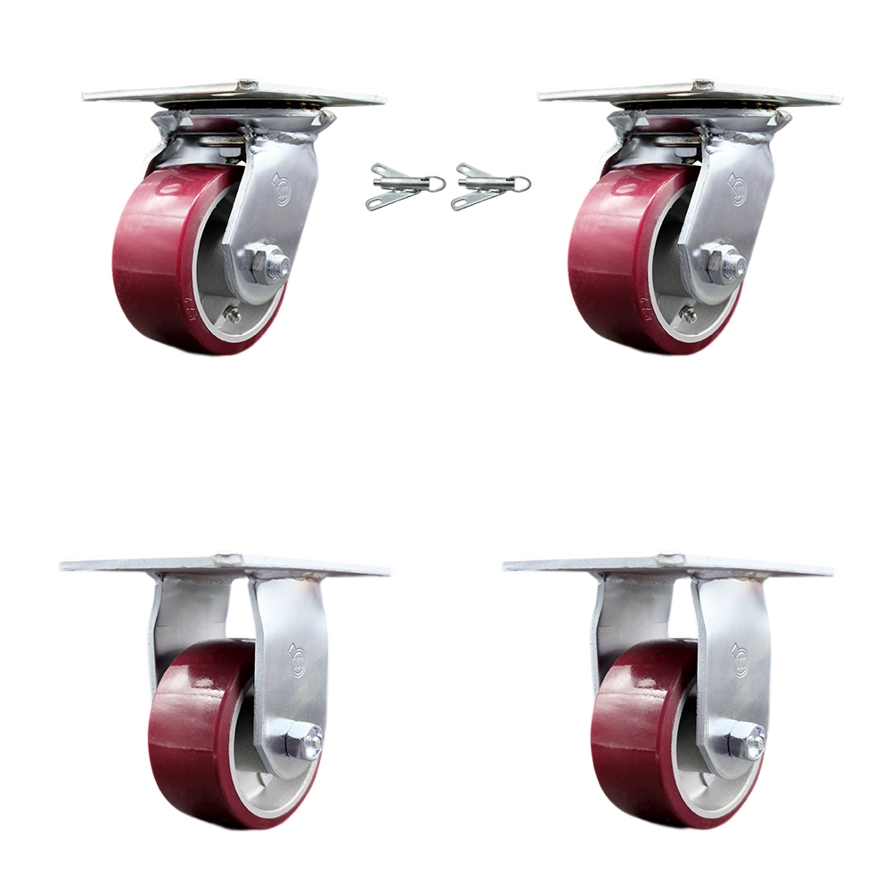 Heavy Duty Large Top Plate Polyurethane on Aluminum Swivel Caster with Maintenance Free Bearings with 4 x 2 in. Maroon Wheels - Set of 4