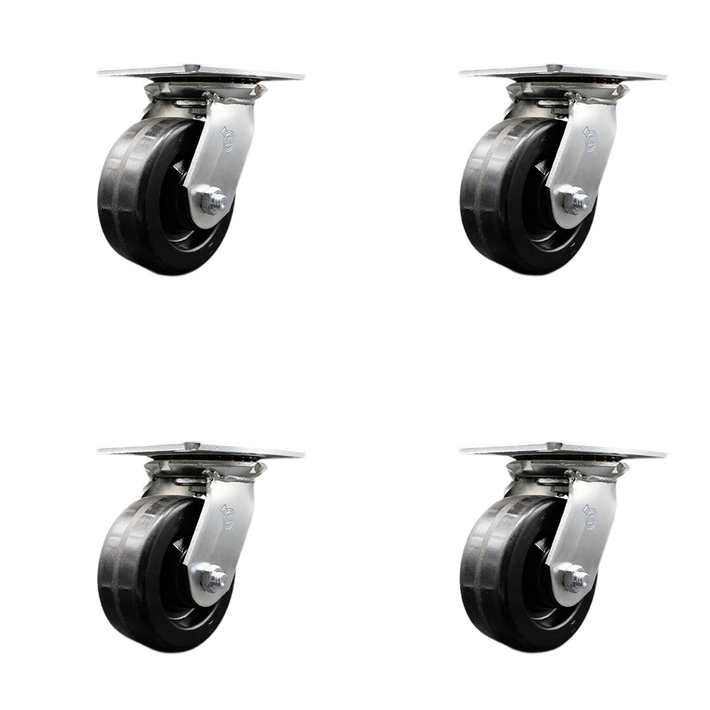 Heavy Duty Large Top Plate Phenolic Swivel Caster with Maintenance Free Bearings with 5 x 2 in. Black Wheels - 4000 lbs Total Capacity - Set of 4