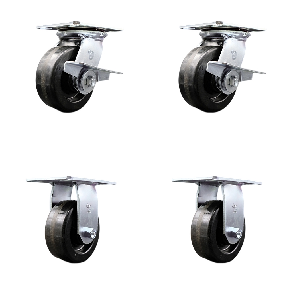 Heavy Duty Large Top Plate Phenolic Swivel Caster with Maintenance Free Bearings with 5 x 2 in. Black Wheels - 4000 lbs Total Capacity - Set of 4