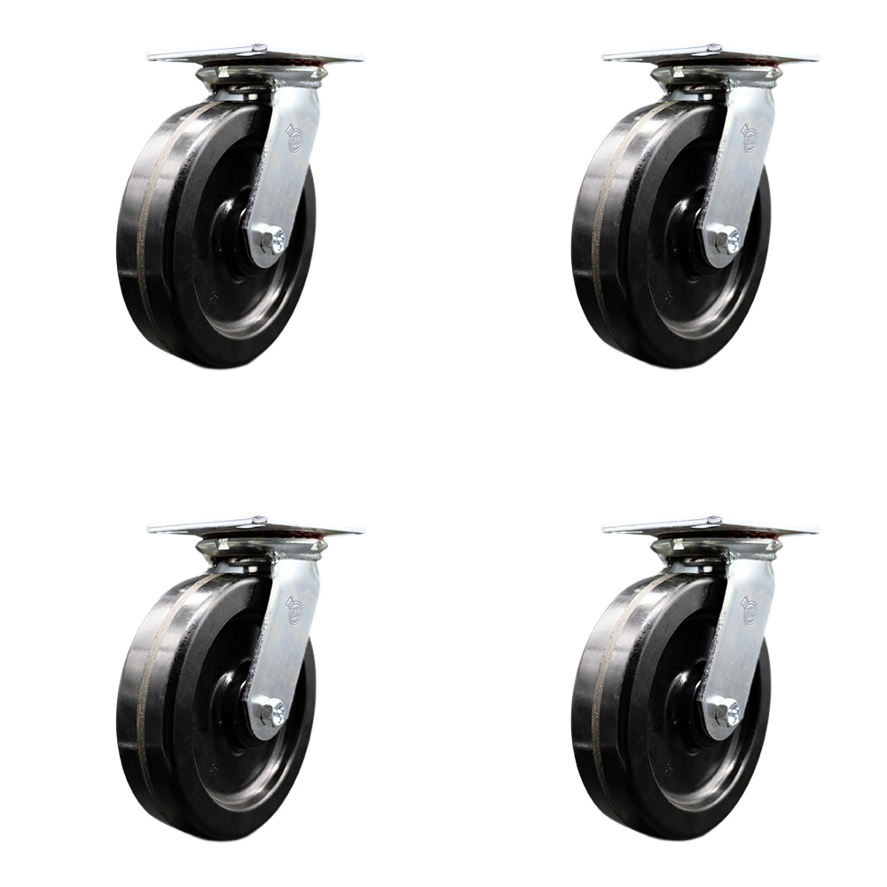 Heavy Duty Large Top Plate Phenolic Swivel Caster with Maintenance Free Bearings with 8 x 2 in. Black Wheels - 5000 lbs Total Capacity - Set of 4