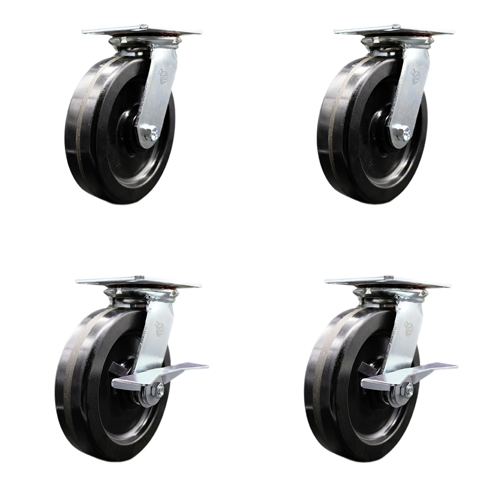 Heavy Duty Large Top Plate Phenolic Swivel Caster with Maintenance Free Bearings with 8 x 2 in. Black Wheels - 5000 lbs Total Capacity - Set of 4