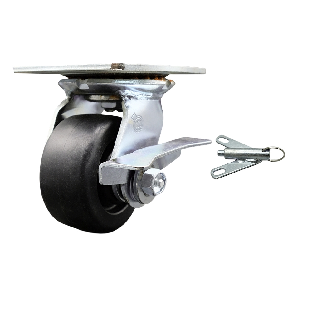 Heavy Duty Large Top Plate Polyolefin Swivel Caster with Maintenance Free Bearings & 4 x 2 in. Black Wheel & Side Lock Brake & Bolt on Swivel Lock