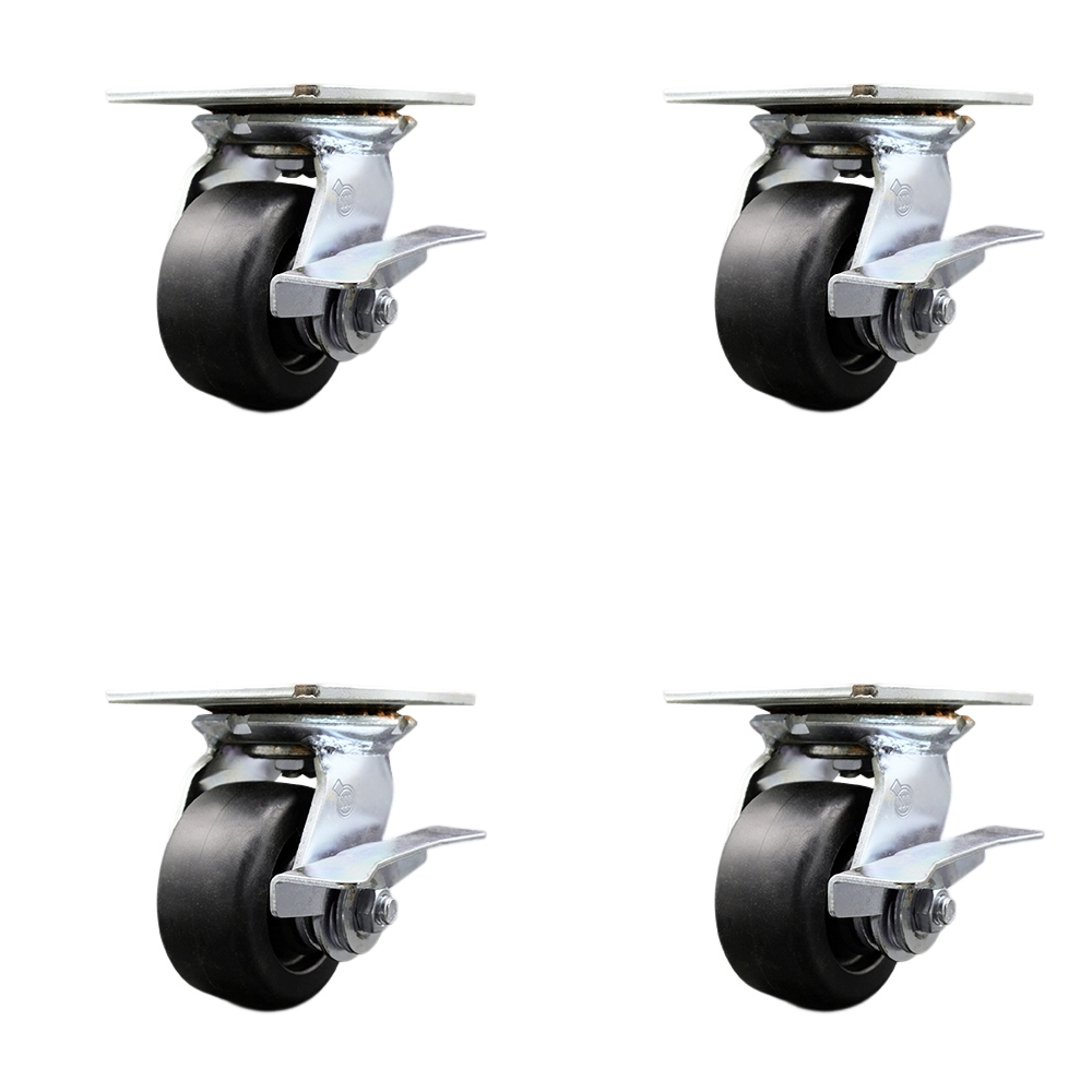 Heavy Duty Large Top Plate Polyolefin Swivel Caster with Maintenance Free Bearings with 4 x 2 in. Black Wheels - 2000 lbs Total Capacity - Set of 4