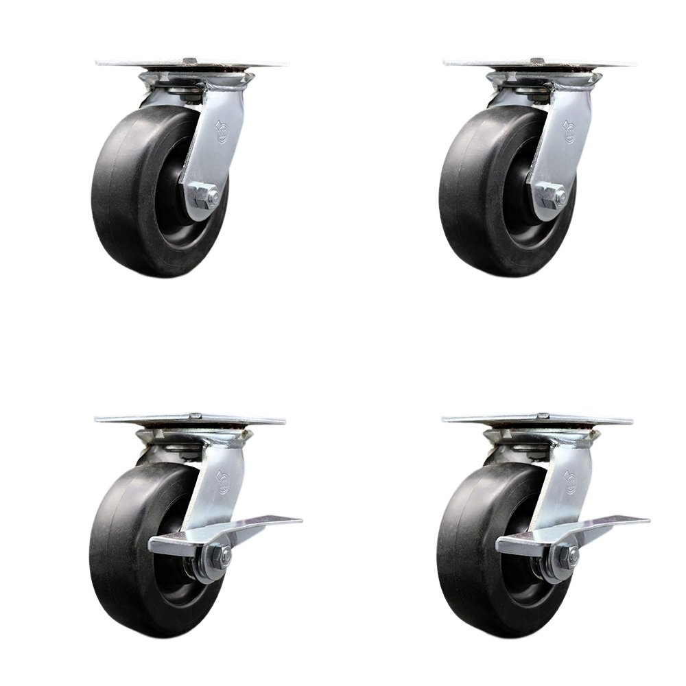 Heavy Duty Large Top Plate Polyolefin Swivel Caster with Maintenance Free Bearings with 6 x 2 in. Black Wheels - 2800 lbs Total Capacity - Set of 4