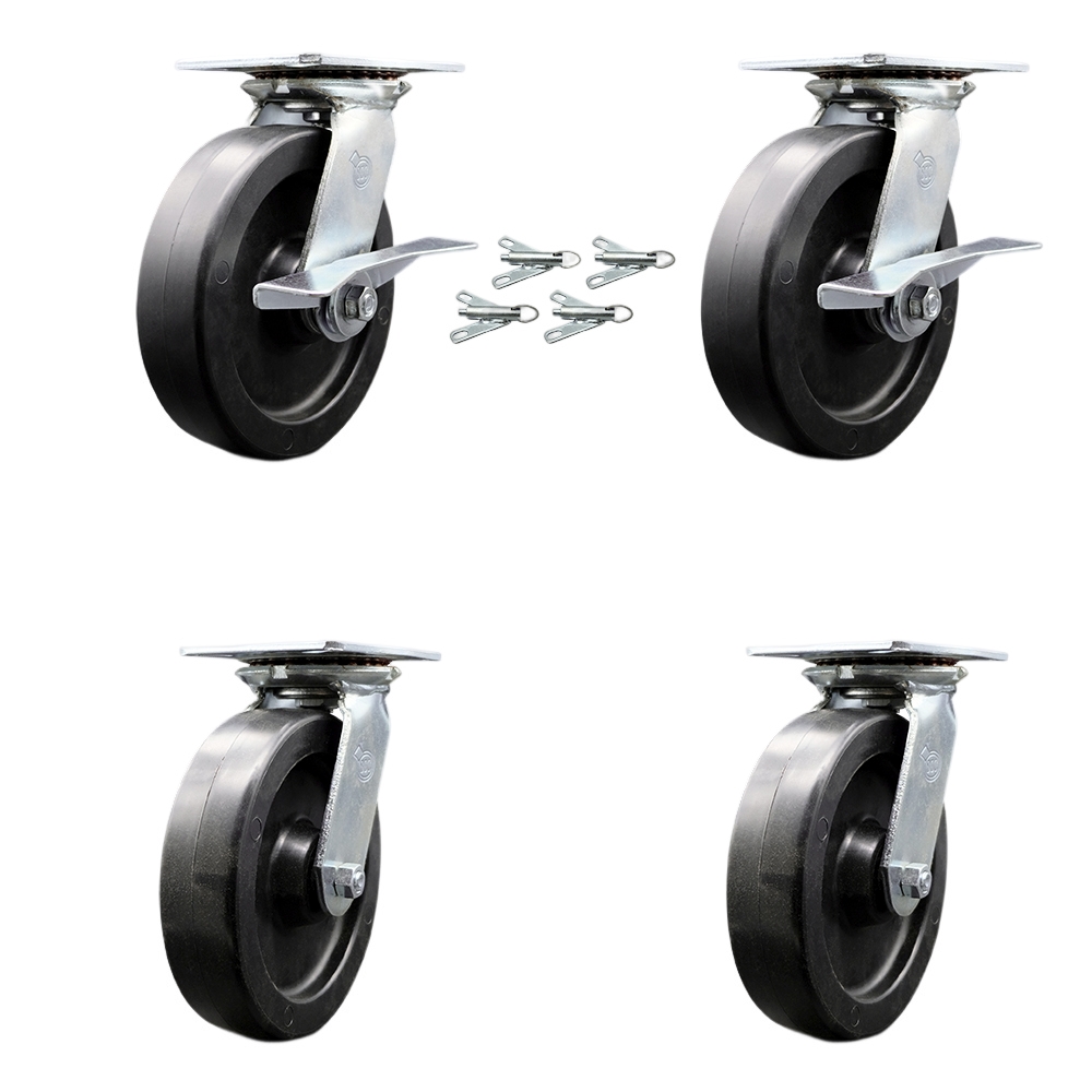 Heavy Duty Large Top Plate Polyolefin Swivel Caster with Maintenance Free Bearings with 8 x 2 in. Black Wheels - Set of 4