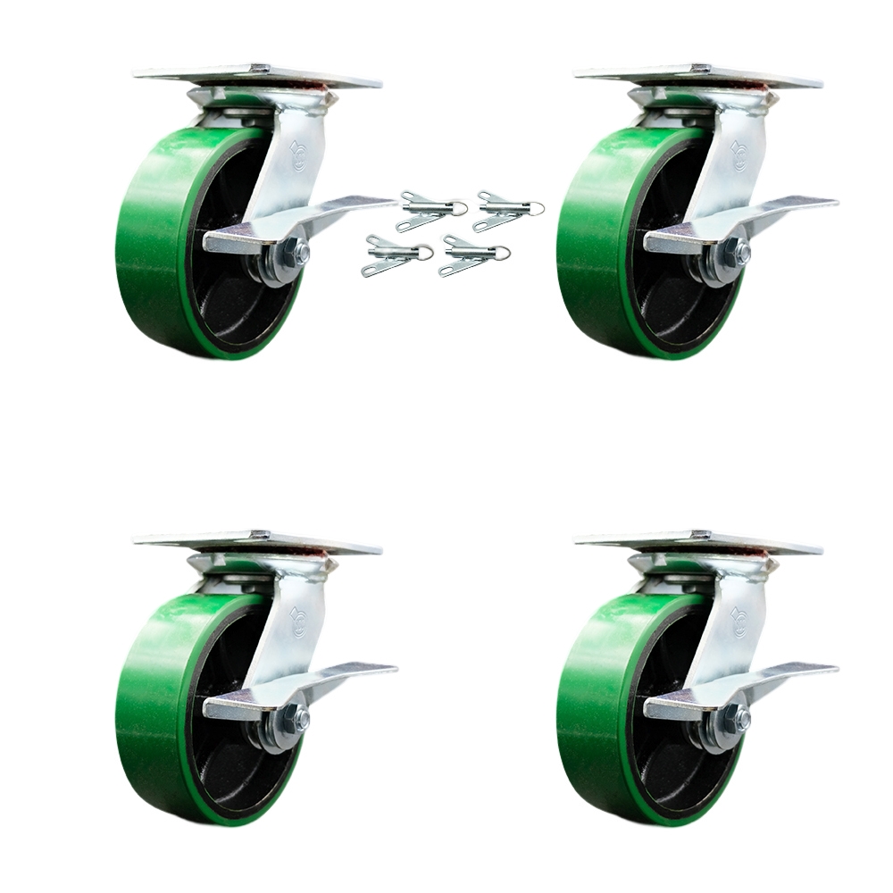 Heavy Duty Large Top Plate Polyurethane on Cast Iron Swivel Caster with Maintenance Free Bearings with 6 x 2 in. Green Wheels - Set of 4