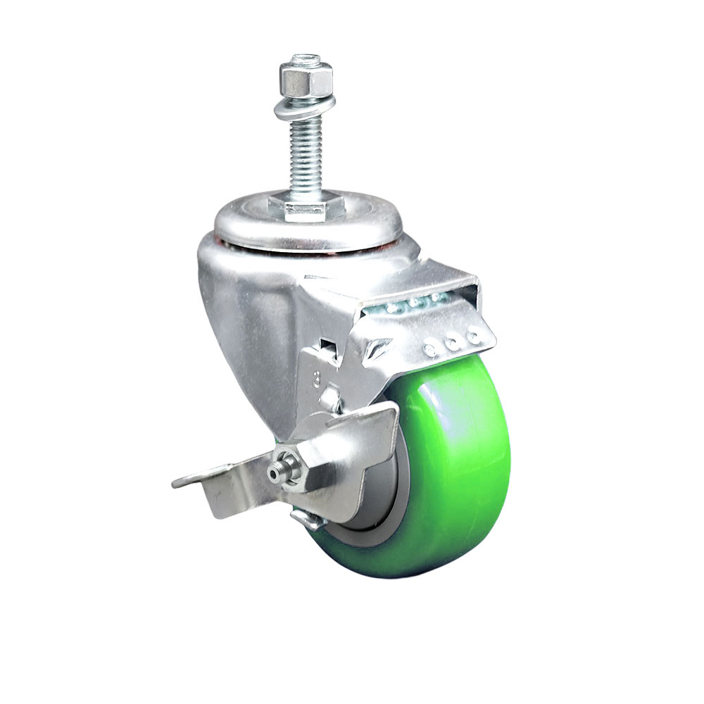 SCC-TS20S3514-PPUB-GRN-TLB-M1015 Polyurethane Swivel Threaded Stem Caster with 3.5 x 1.25 in. Green Wheel & 10 mm Stem & Top Locking Brake