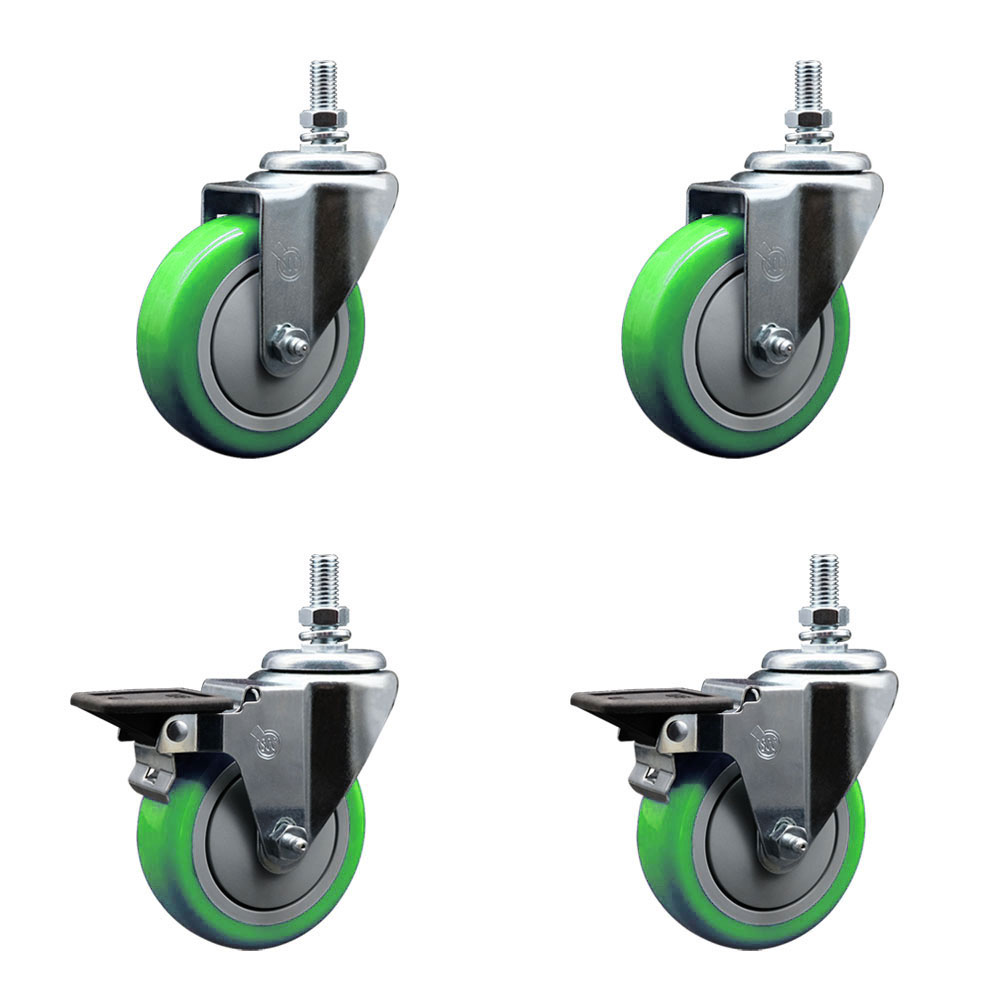 SCC-TS20S414-PPUB-GRN-M1015-2-PLB-2 Polyurethane Swivel Threaded Stem Caster with 4 x 1.25 in. Green Wheels & 10 mm Stems - Set of 4