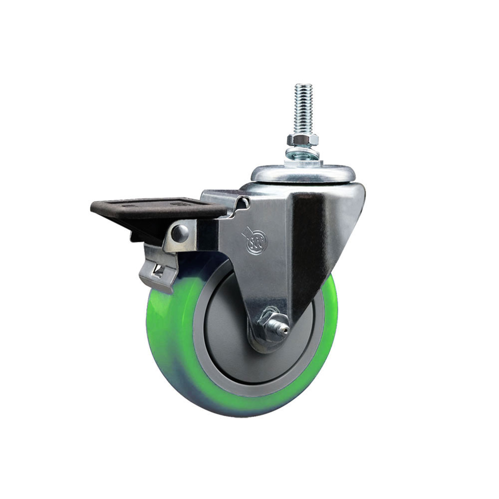 SCC-TS20S414-PPUB-GRN-PLB-M1215 Polyurethane Swivel Threaded Stem Caster with 4 x 1.25 in. Green Wheel & 12 mm Stem & Posi Locking Brake