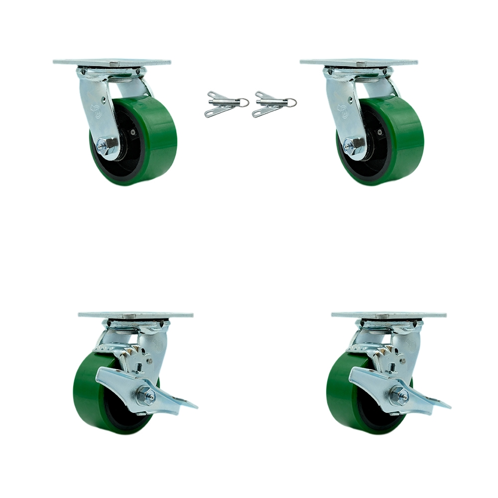 SCC-30CS420-PUB-GB-BSL-2-TLB-2 Heavy Duty Swivel Caster with 4 in. Green Polyurethane on Cast Iron Wheels & Ball Bearings - Set of 4