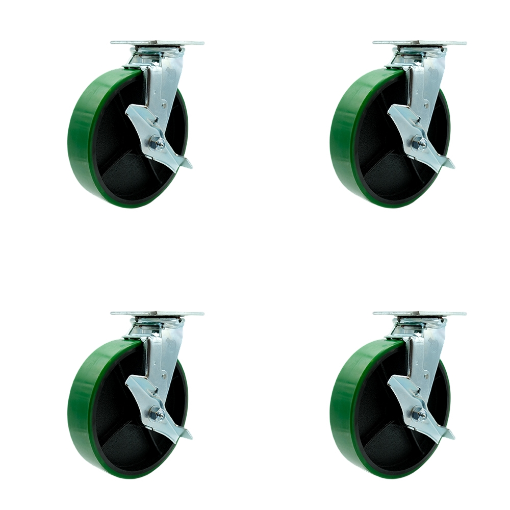 Heavy Duty Swivel Caster with 8 in. Green Polyurethane on Cast Iron Wheels & Ball Bearings - 5000 lbs Total Capacity - Set of 4