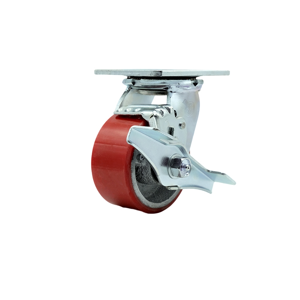 Heavy Duty Swivel Top Plate Caster with Top Lock Brake & 4 in. Red Polyurethane on Cast Iron Wheel with Ball Bearings - 700 lbs Capacity per Caster