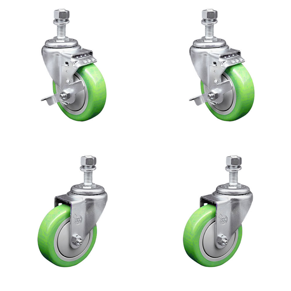 SCC-TS20S414-PPUB-GRN-TLB-M1215-2-S-2 Polyurethane Swivel Threaded Stem Caster with 4 x 1.25 in. Green Wheels & 12 mm Stems - Set of 4