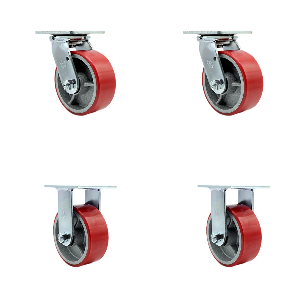 Heavy Duty Swivel Caster with 5 in. Red Polyurethane on Cast Iron Wheels & Ball Bearings - 4000 lbs Total Capacity - Set of 4