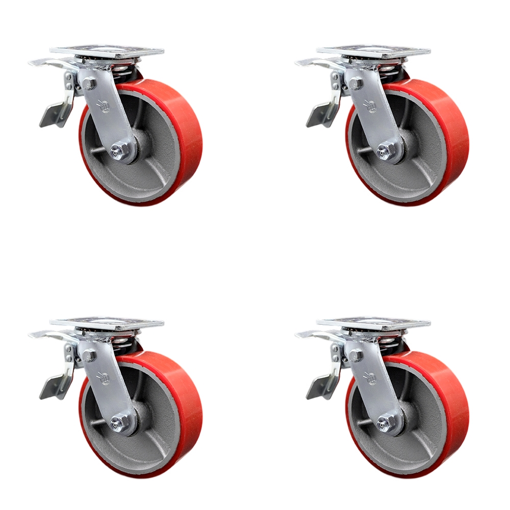SCC-TTL30S620-PUB-RS-4 Heavy Duty Swivel Caster with 6 in. Red Polyurethane on Cast Iron Wheels & Ball Bearings - 4800 lbs Total Capacity - Set of 4
