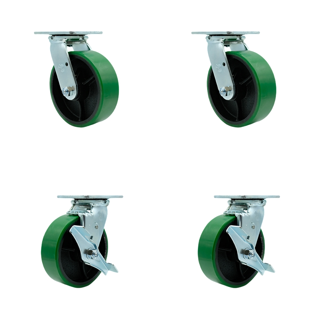 SCC-30CS620-PUB-GB-BSL-2-TLB-2 Heavy Duty Swivel Caster with 6 in. Green Polyurethane on Cast Iron Wheels & Ball Bearings - Set of 4