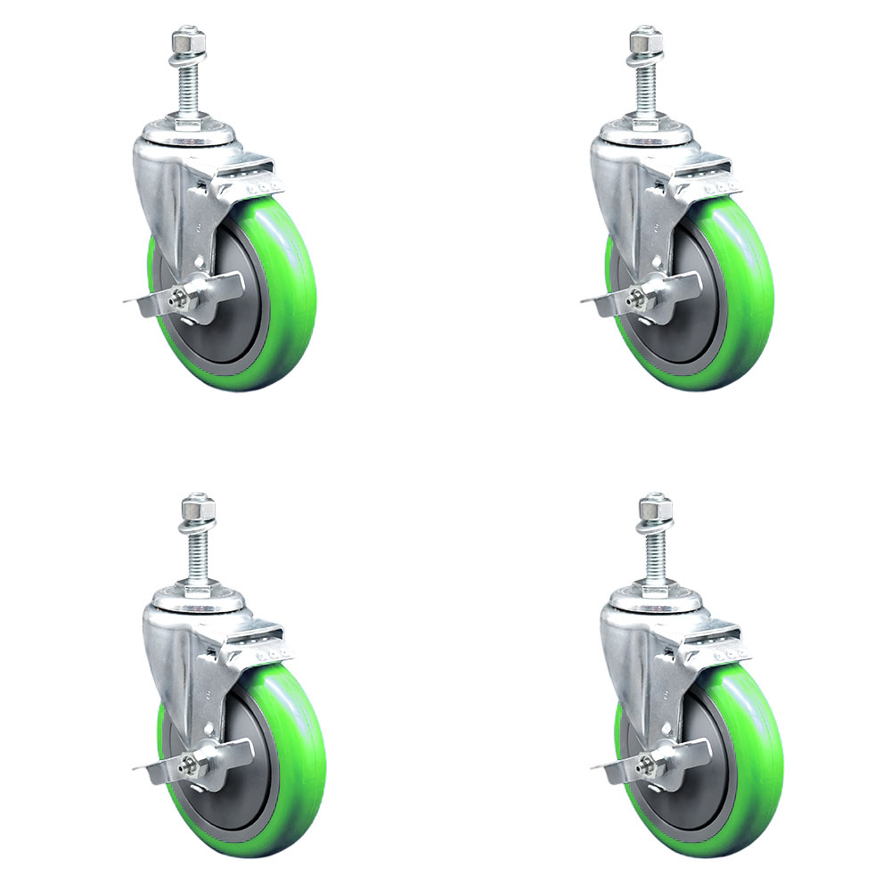 SCC-TS20S514-PPUB-GRN-TLB-M1015-4 Polyurethane Swivel Threaded Stem Caster with 5 x 1.25 in. Green Wheels & 10 mm Stems - Set of 4
