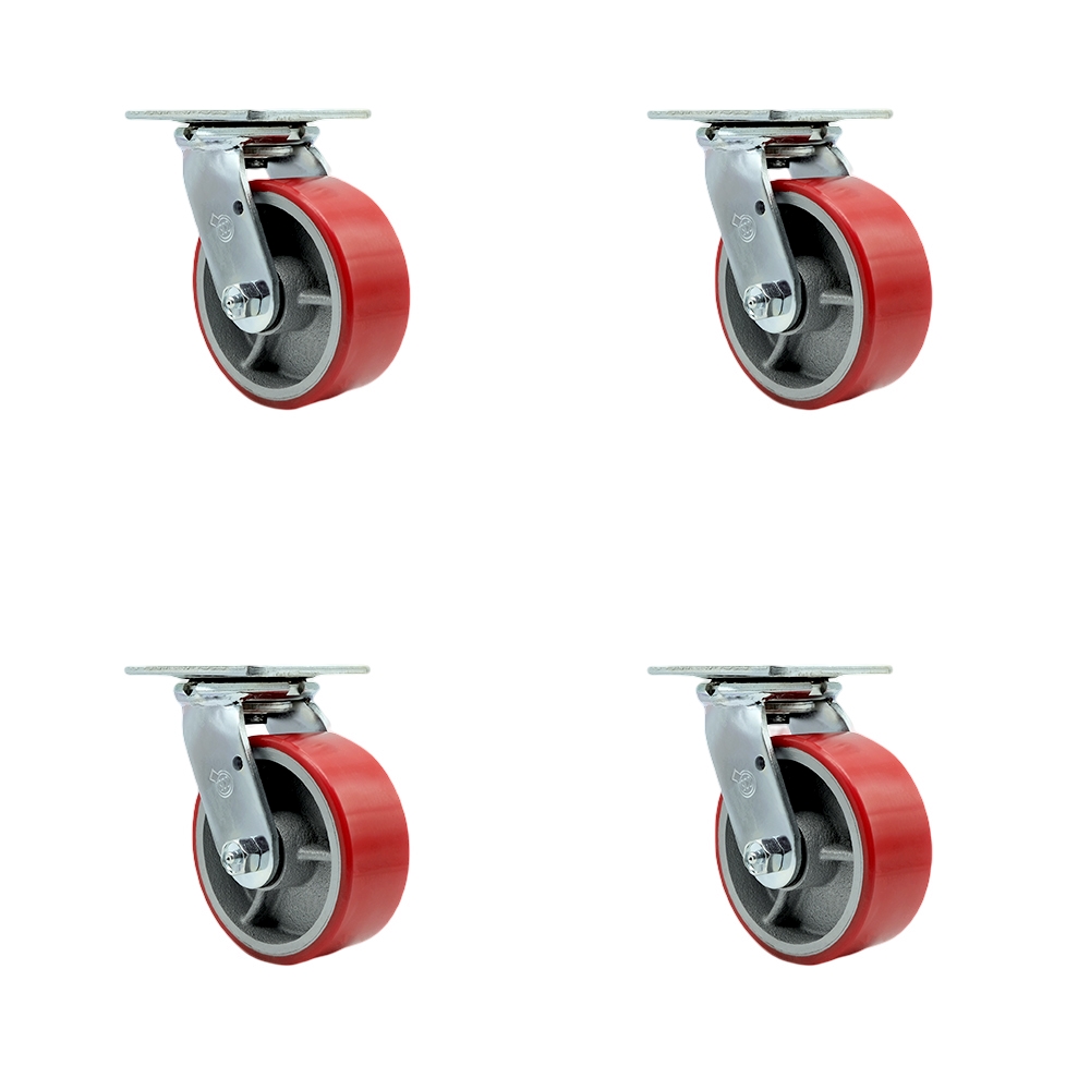 SCC-30CS520-PUB-RS-4 Heavy Duty Swivel Caster with 5 in. Red Polyurethane on Cast Iron Wheels & Ball Bearings - 4000 lbs Total Capacity - Set of 4