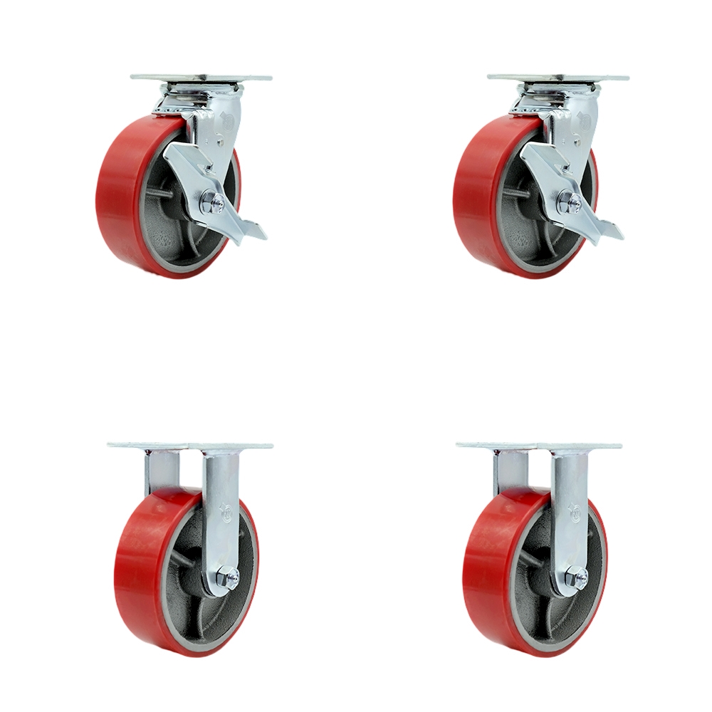SCC-30CS620-PUB-RS-TLB-BSL-2-R-2 Heavy Duty Swivel Caster with 6 in. Red Polyurethane on Cast Iron Wheels & Ball Bearings - Set of 4