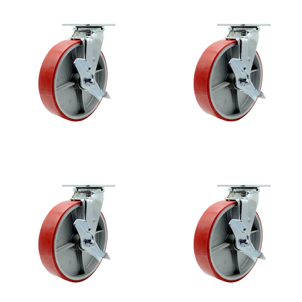 SCC-30CS820-PUB-RS-TLB-BSL-4 Heavy Duty Swivel Caster with 8 in. Red Polyurethane on Cast Iron Wheels & Ball Bearings - Set of 4