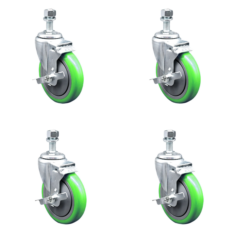 SCC-TS20S514-PPUB-GRN-TLB-M1215-4 Polyurethane Swivel Threaded Stem Caster with 5 x 1.25 in. Green Wheels & 12 mm Stems - Set of 4