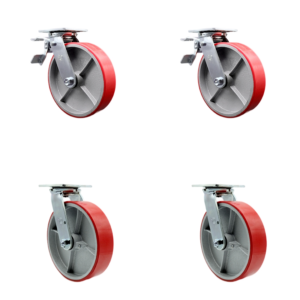 SCC-TTL30S820-PUB-RS-2-S-2 Heavy Duty Swivel Caster Set with 8 in. Red Polyurethane on Cast Iron Wheels & Ball Bearings - 5000 lbs Total Capacity