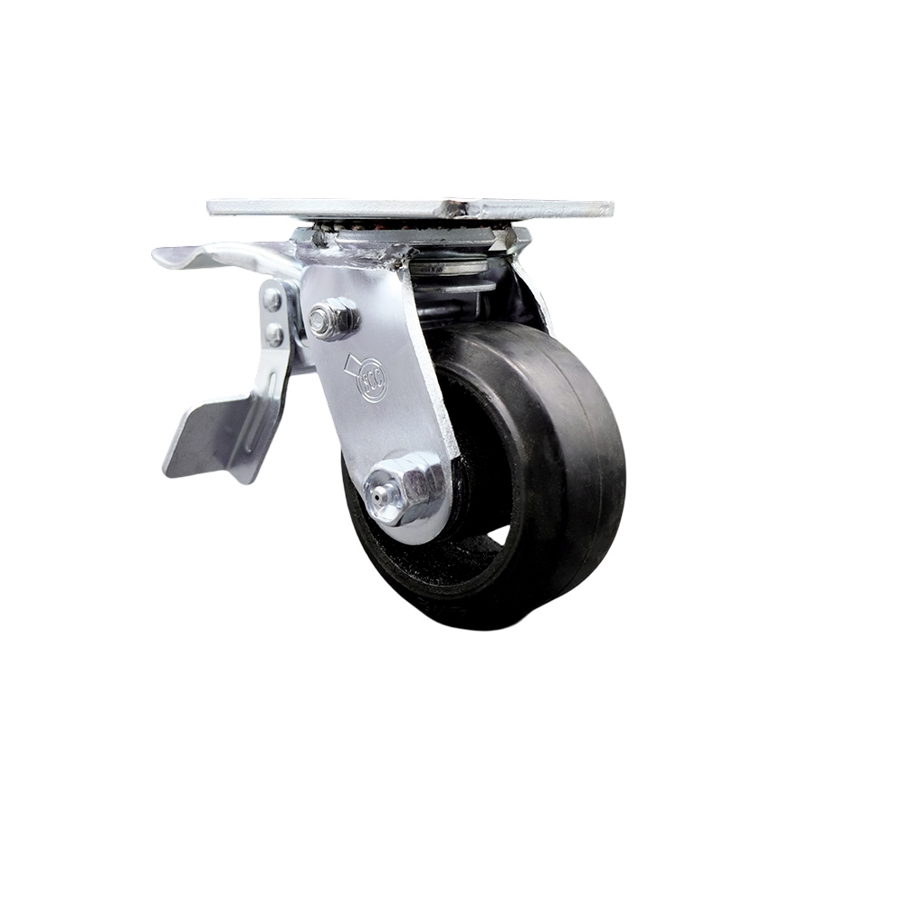 Heavy Duty Swivel Top Plate Caster with Total Lock Brake & 4 in. Rubber on Metal Wheel with Ball Bearings - 400 lbs Capacity per Caster