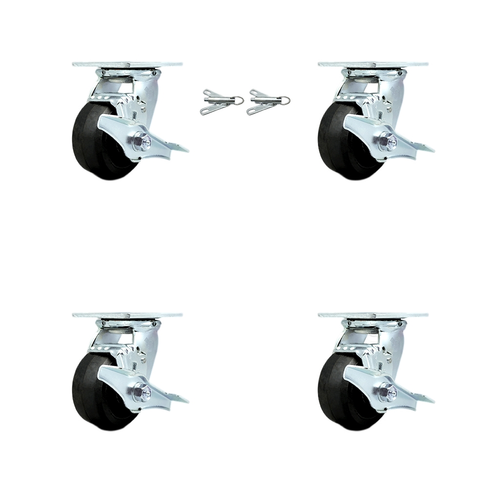 SCC-30CS420-RSB-TLB-BSL-2-TLB-2 Heavy Duty Swivel Caster with 4 in. Rubber on Metal Wheels & Ball Bearings - Set of 4