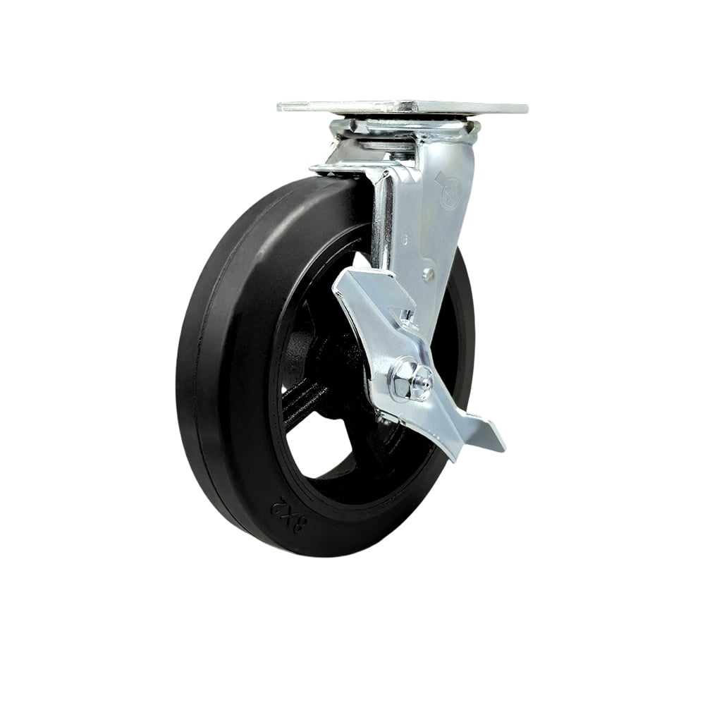Heavy Duty Swivel Top Plate Caster with Top Lock Brake & 8 in. Rubber on Metal Wheel with Ball Bearings - 500 lbs Capacity per Caster