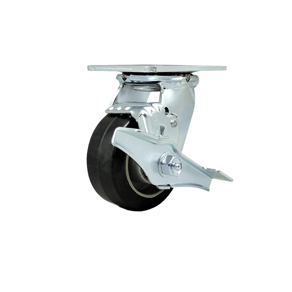 Heavy Duty Swivel Top Plate Caster with Top Lock Brake & 4 in. Rubber on Aluminum Wheel with Ball Bearings - 400 lbs Capacity per Caster