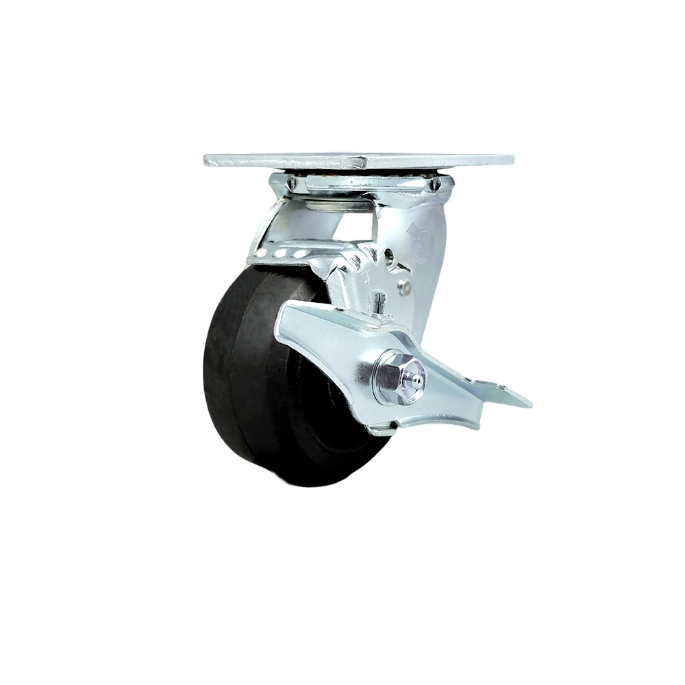 Heavy Duty Swivel Top Plate Caster with Top Lock Brake & 4 in. Rubber on Metal Wheel with Ball Bearings - 400 lbs Capacity per Caster