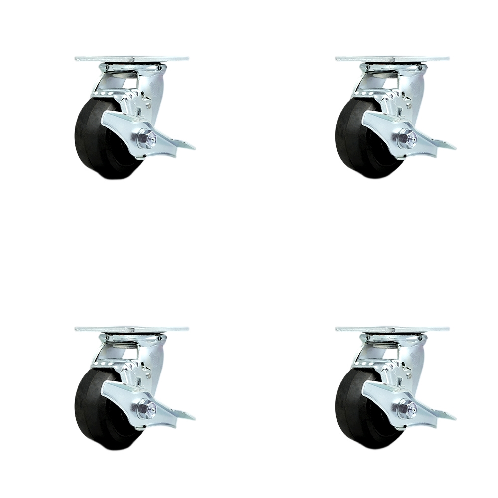 SCC-30CS420-RSB-TLB-BSL-4 Heavy Duty Swivel Caster with 4 in. Rubber on Metal Wheels & Ball Bearings - Set of 4