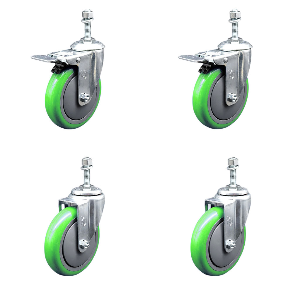 SCC-TSTTL20S514-PPUB-GRN-M1015-2-S-2 Polyurethane Swivel Threaded Stem Caster with 5 x 1.25 in. Green Wheels & 10 mm Stems - Set of 4