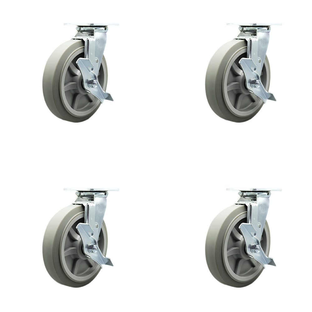 SCC-SS30S820-TPRBF-TLB-BSL-4 Stainless Steel Heavy Duty Swivel Caster with 8 in. Thermoplastic Flat Tread Wheels & Ball Bearings - Set of 4