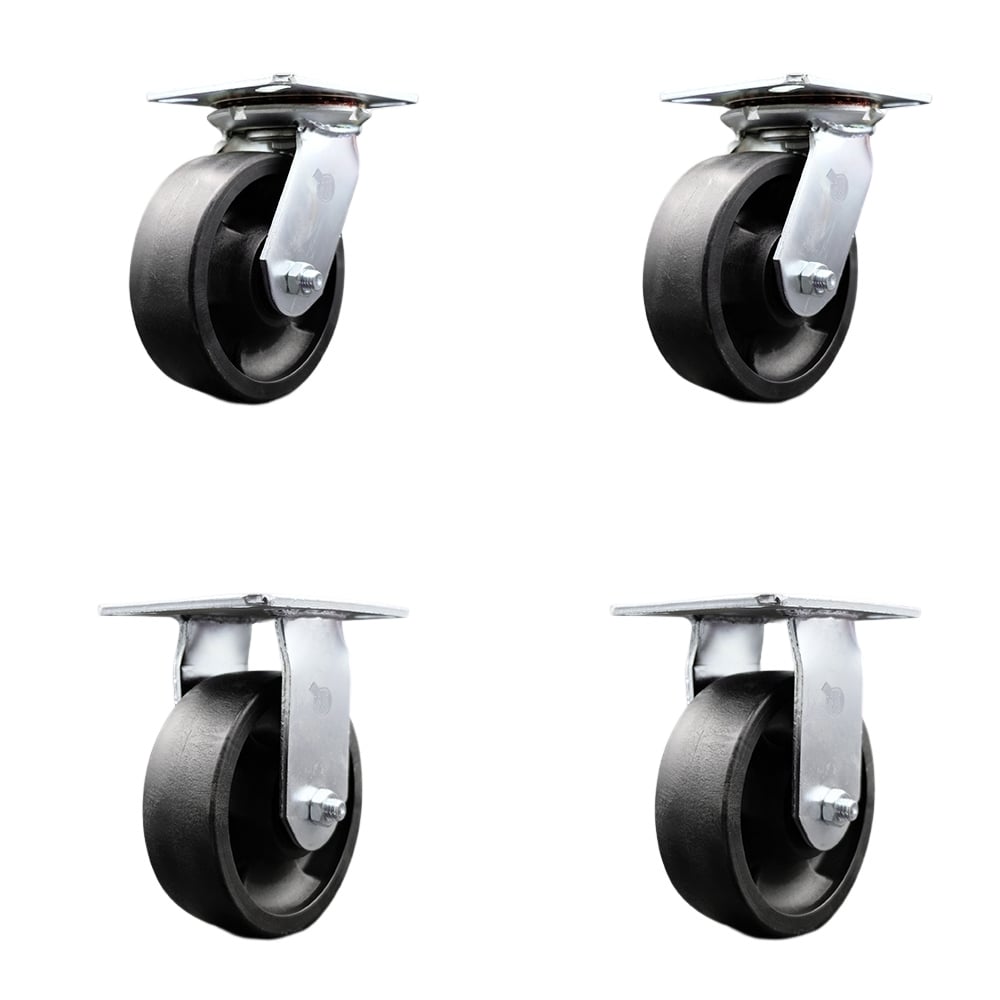 Heavy Duty Large Top Plate Glass Filled Nylon Swivel Caster with 6 x 2 in. Black Wheels - 6000 lbs Total Capacity - Set of 4